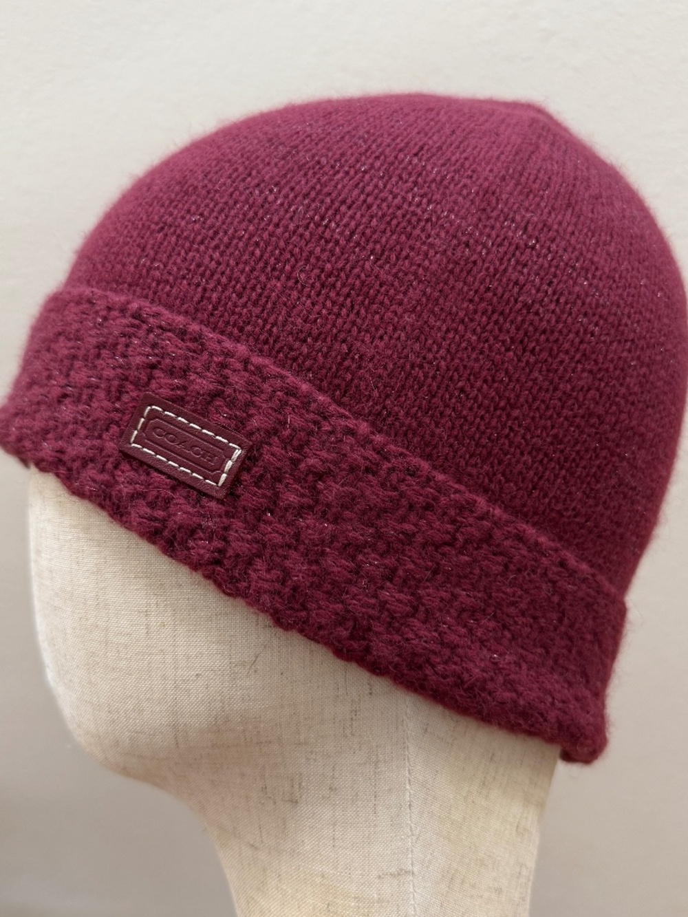 COACH Burgundy Knit Beanie Cashmere Rabbit Hair Wool Blend Sparkle Women OS